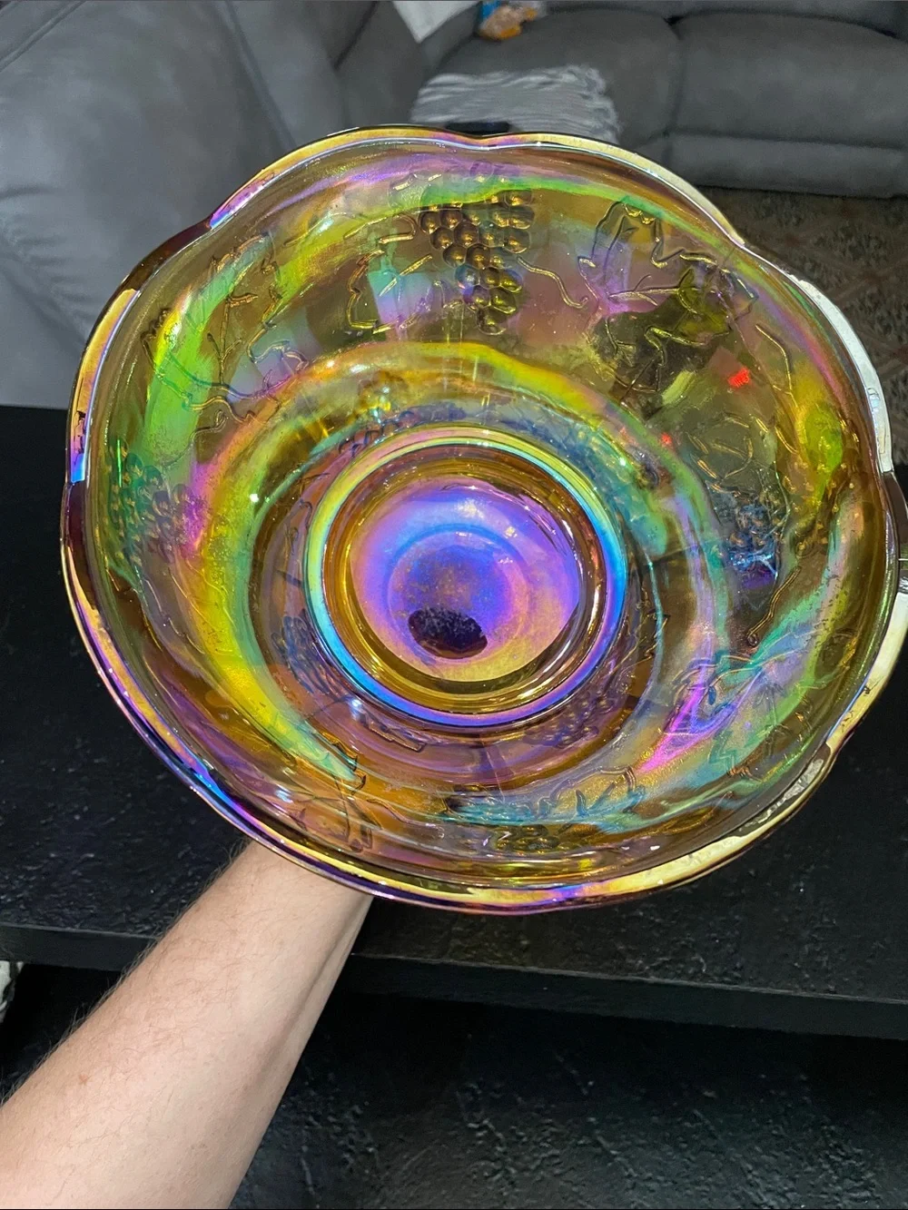 Indiana Glass Iridescent Carnival Glass Compote Bowl - Grape Multicolor